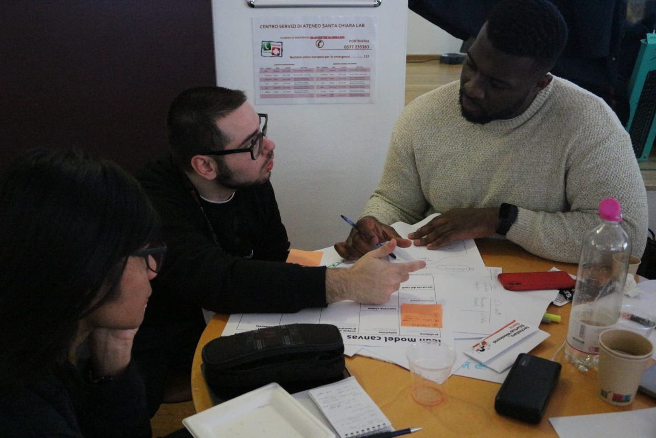 Alessandro Cataldo al tavolo con un team, mentre compilano insieme un lean canvas